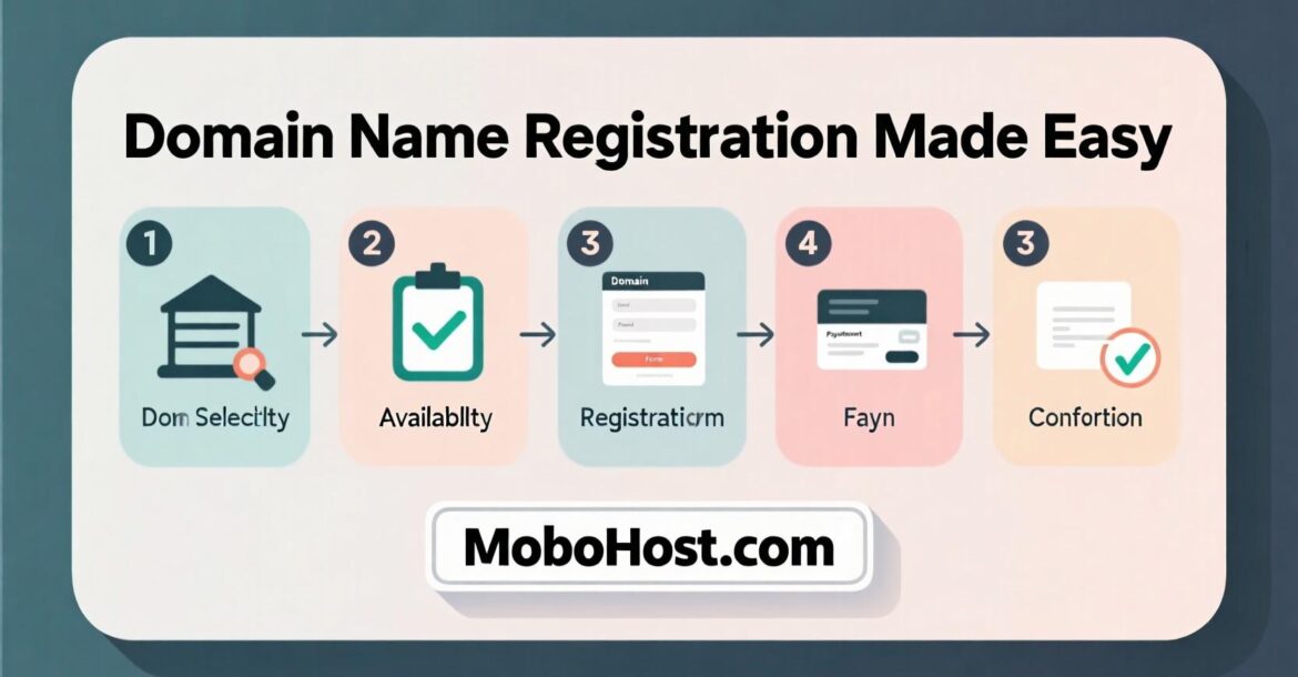A person confidently clicking a button to register a domain name on a sleek, modern website.